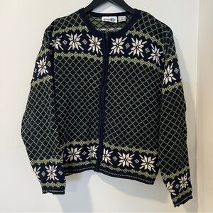 Paul Harris Design Ramie Blend Nordic Zip Cardigan Sweater L Green Navy